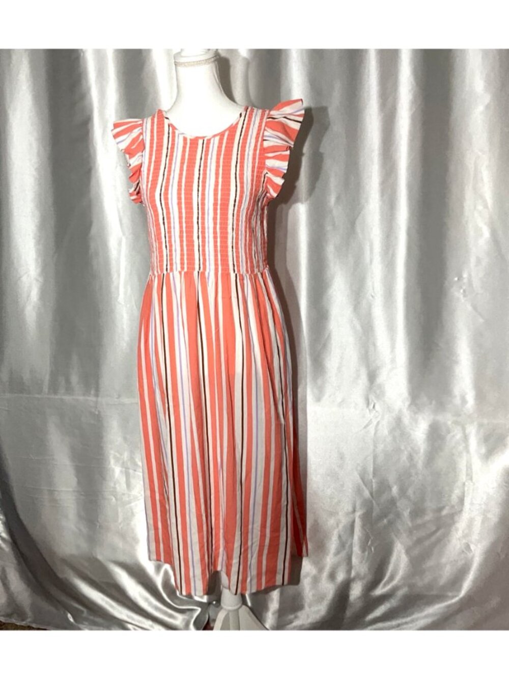 A new day Striped Coral & White Midi Dress size M With Ruffle Sleeves Smocked - Picture 2 of 11